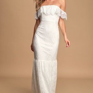 Lulu’s Love is Forever White Lace Off the Shoulder Ruffled Maxi Dress
